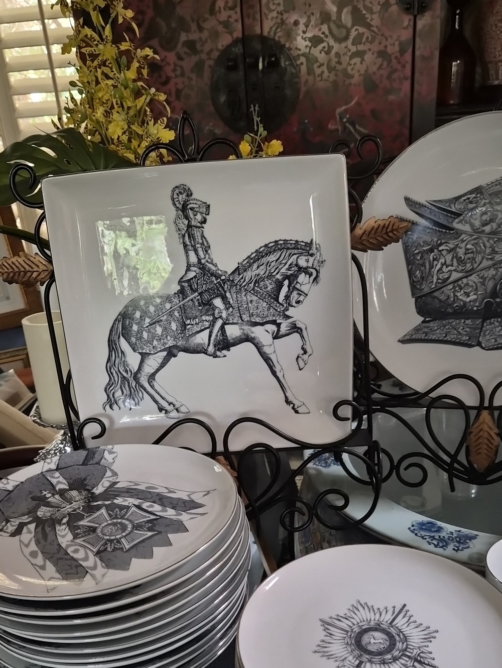 White Ceramic Dinner Plate with Black Equestrian Illustration